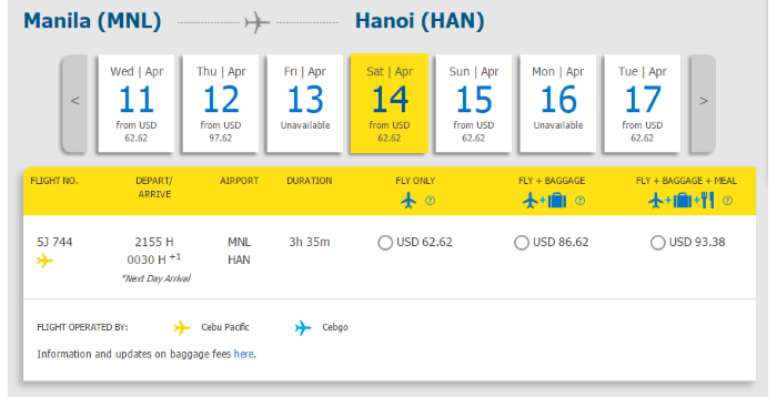 Hành trình bay từ Hà Nội đi Manila